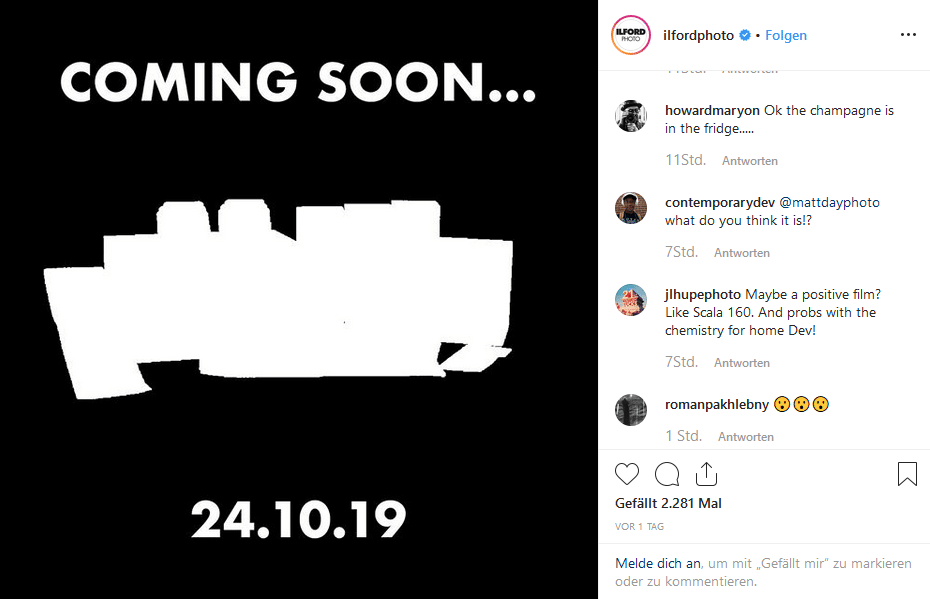 Ilford Instagram Teaser-Bild zur Ankündigung neuer Produkte